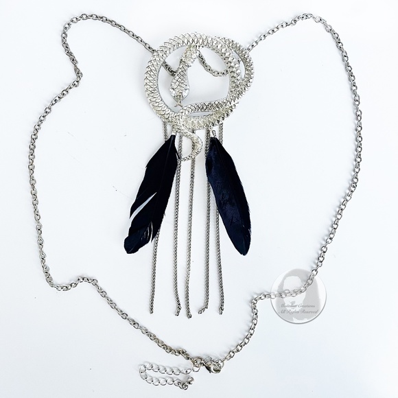 Vintage Snake and Feather 6" Pendant Necklace Silver Metal Serpent Feathers 80s - Picture 1 of 13